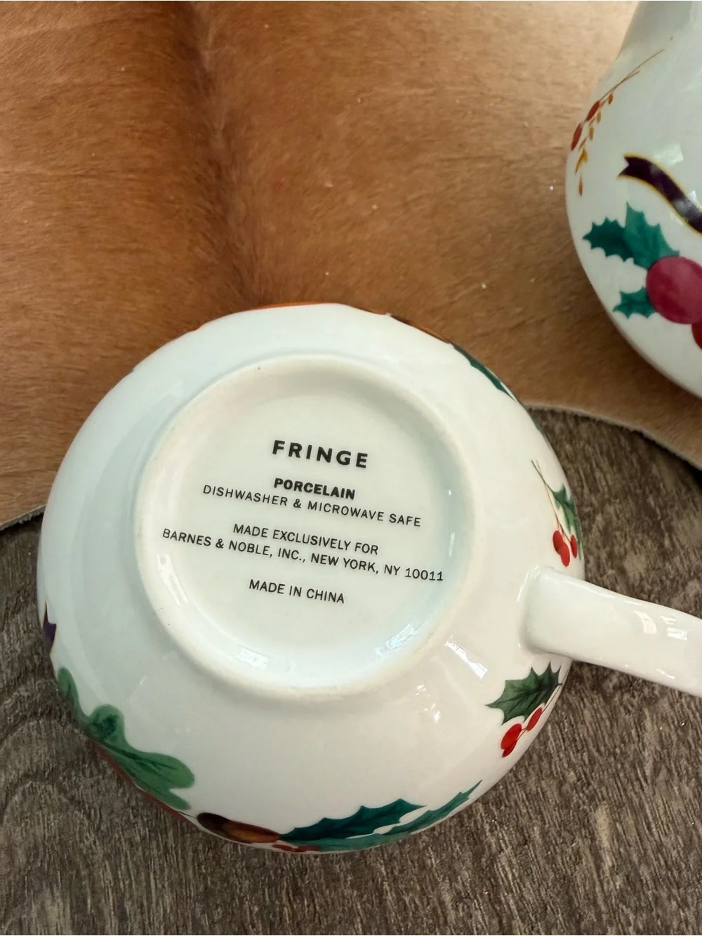 Fringe Studio White Porcelain Teapot Cup Saucer with Red Berries and Green Holly